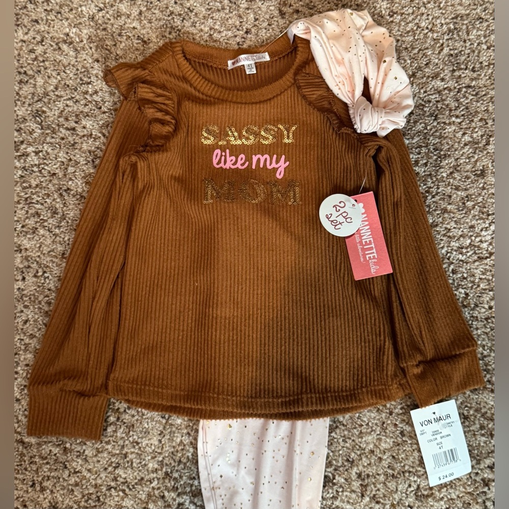 NWT Nannette Kids (Von Maur) Girls 4T “Sassy Like Mom” 2-Piece Outfit + Headband